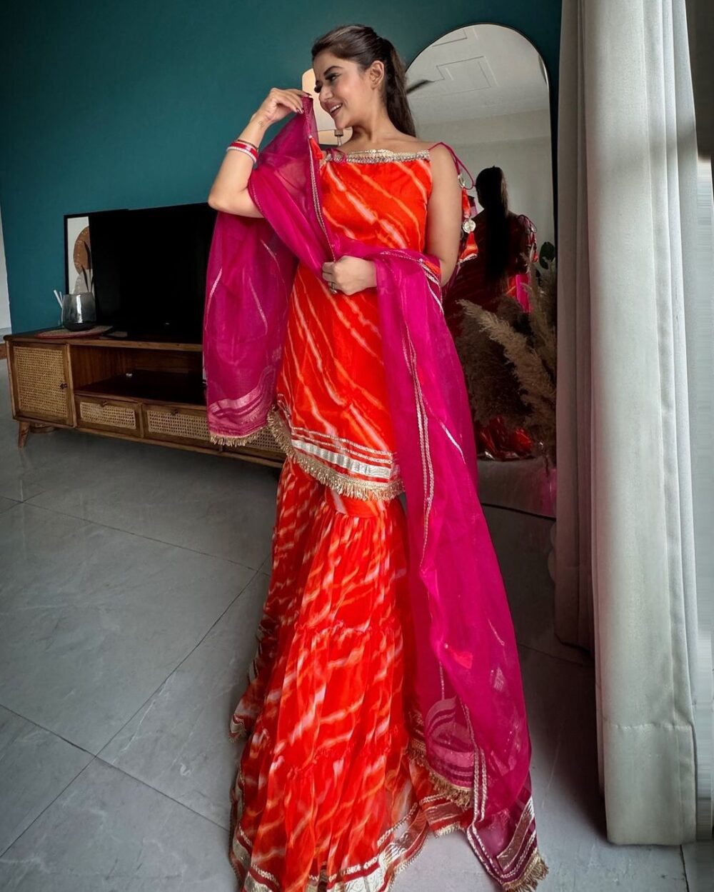 Stylish Faux Georgette Digital Print Orange Color Sharara Set with Organza Dupatta by Ardhaangini