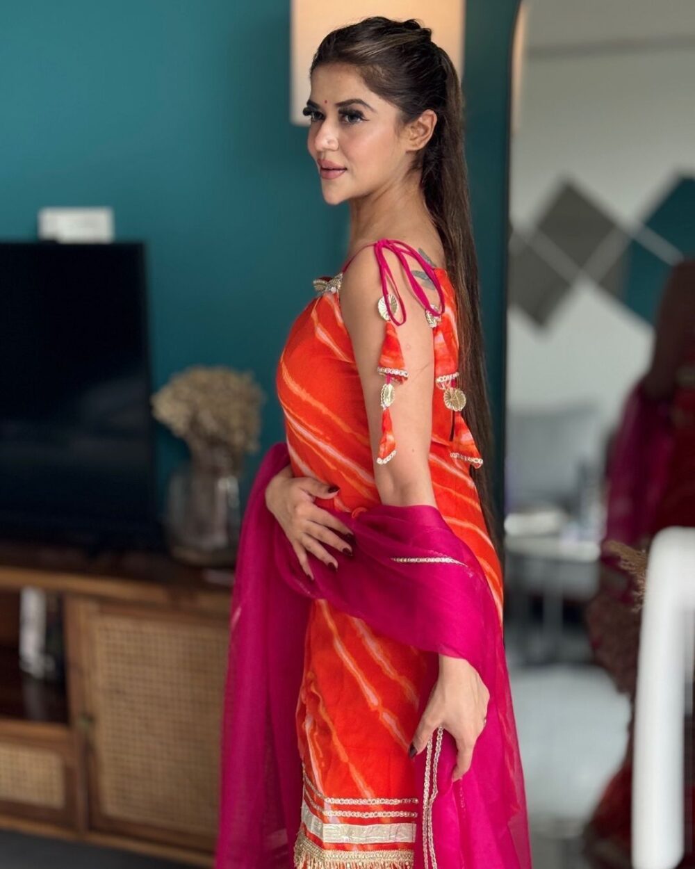 Stylish Faux Georgette Digital Print Orange Color Sharara Set with Organza Dupatta by Ardhaangini