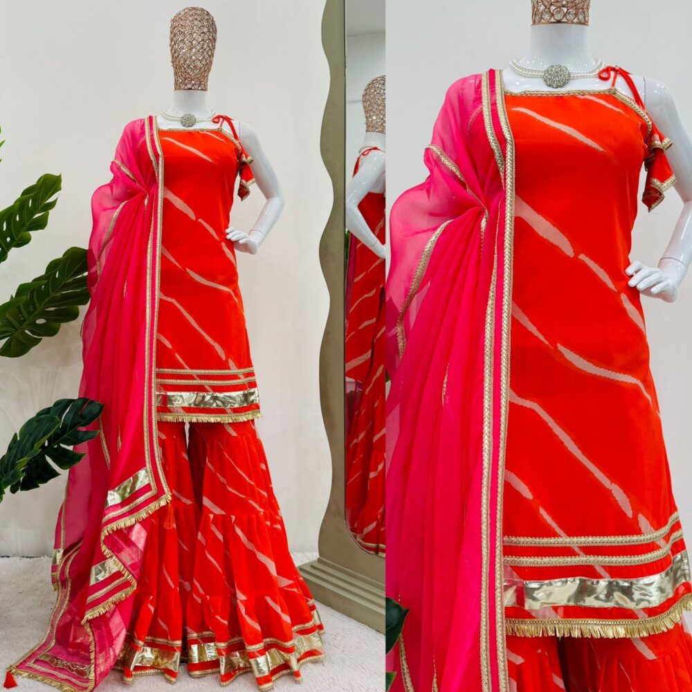 Stylish Faux Georgette Digital Print Orange Color Sharara Set with Organza Dupatta by Ardhaangini