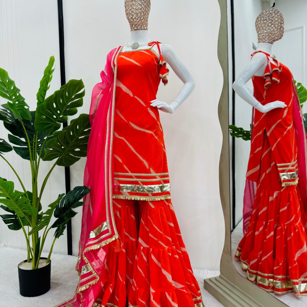 Stylish Faux Georgette Digital Print Orange Color Sharara Set with Organza Dupatta by Ardhaangini