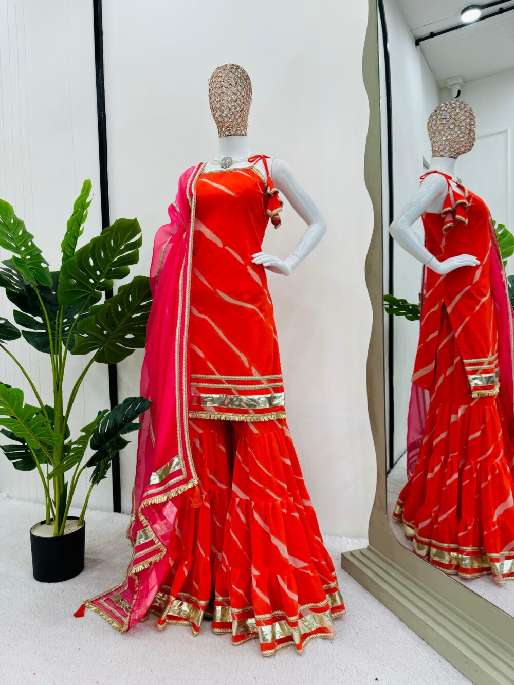 Stylish Faux Georgette Digital Print Orange Color Sharara Set with Organza Dupatta by Ardhaangini
