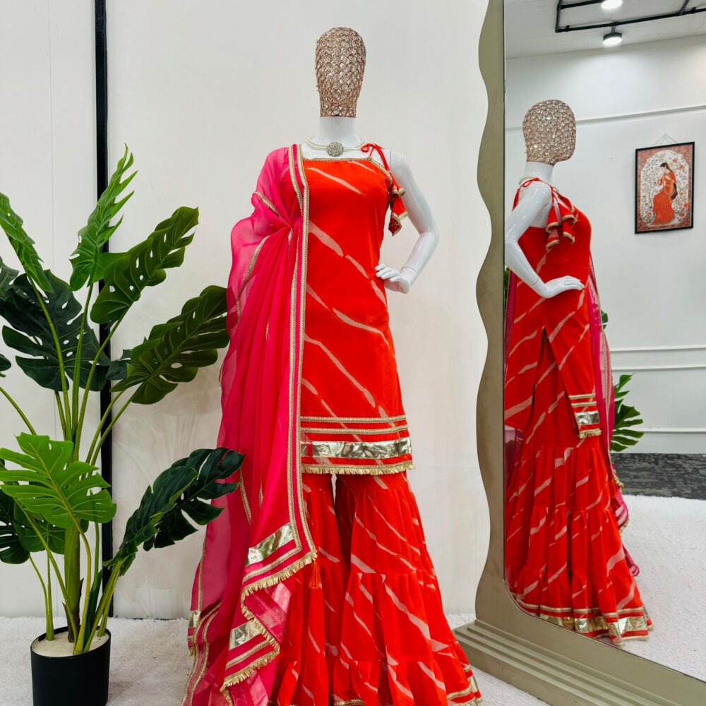 Stylish Faux Georgette Digital Print Orange Color Sharara Set with Organza Dupatta by Ardhaangini