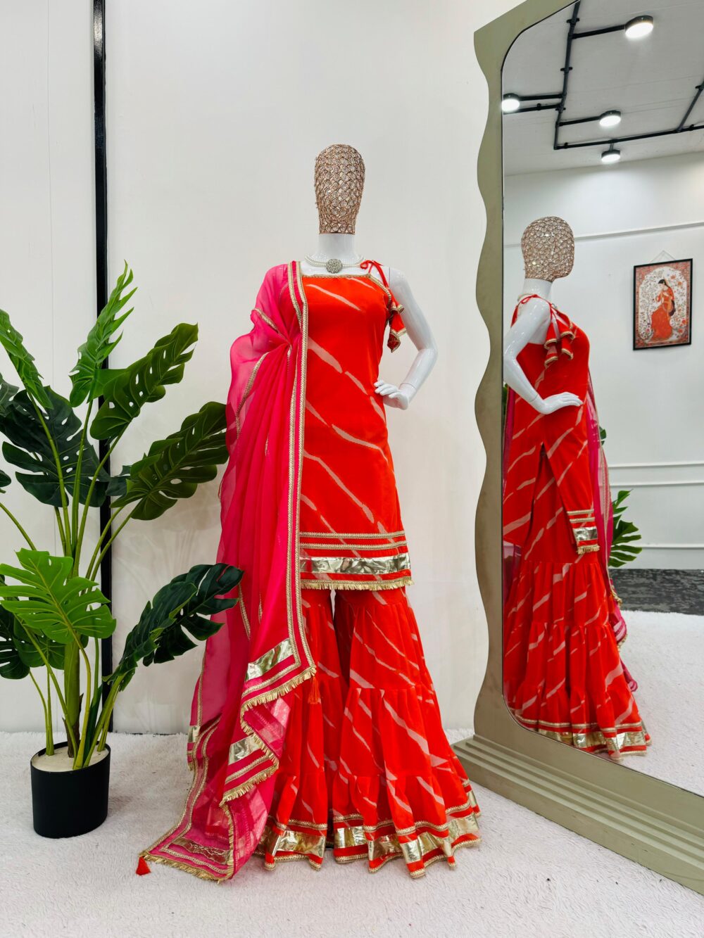 Stylish Faux Georgette Digital Print Orange Color Sharara Set with Organza Dupatta by Ardhaangini