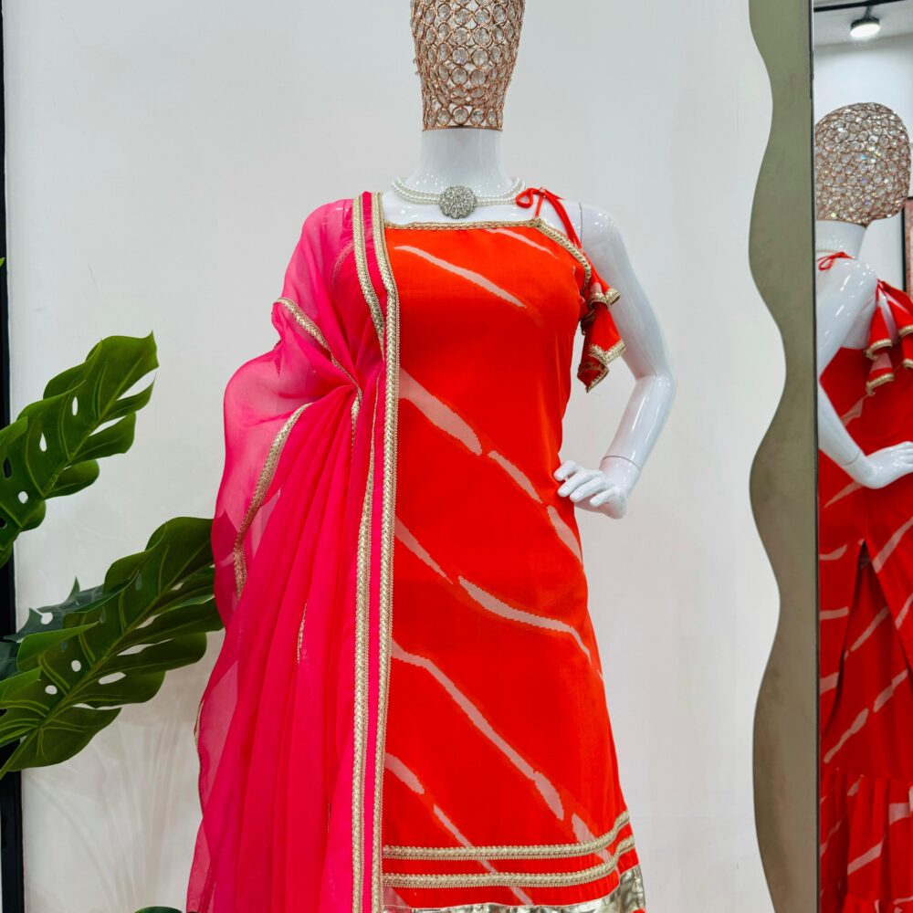 Stylish Faux Georgette Digital Print Orange Color Sharara Set with Organza Dupatta by Ardhaangini