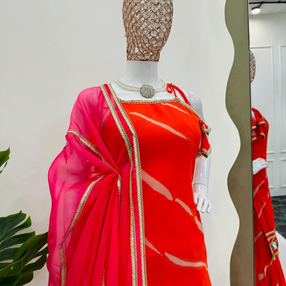 Stylish Faux Georgette Digital Print Orange Color Sharara Set with Organza Dupatta by Ardhaangini