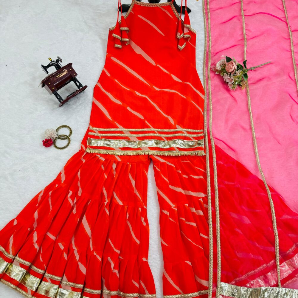 Stylish Faux Georgette Digital Print Orange Color Sharara Set with Organza Dupatta by Ardhaangini