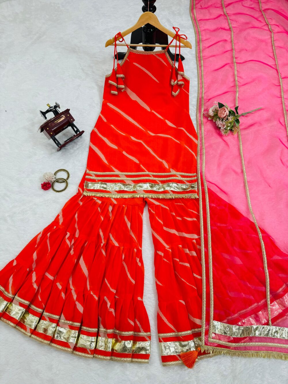 Stylish Faux Georgette Digital Print Orange Color Sharara Set with Organza Dupatta by Ardhaangini