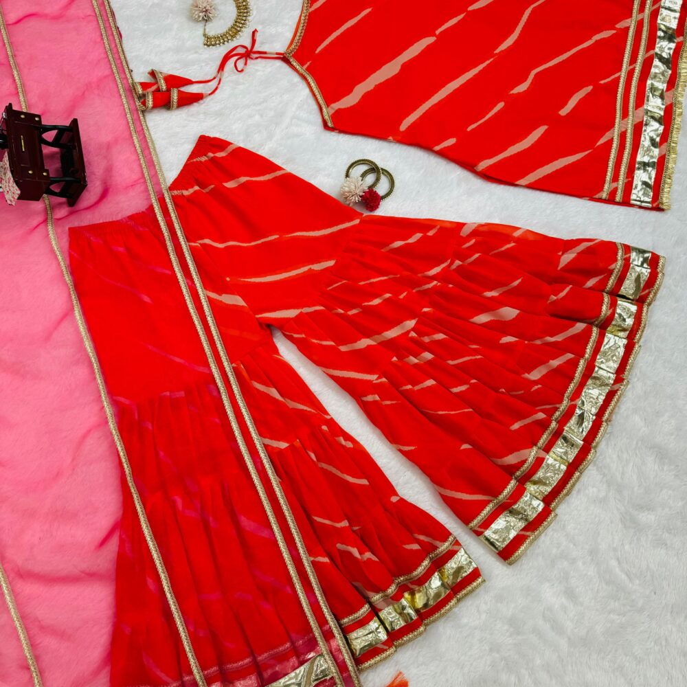 Stylish Faux Georgette Digital Print Orange Color Sharara Set with Organza Dupatta by Ardhaangini