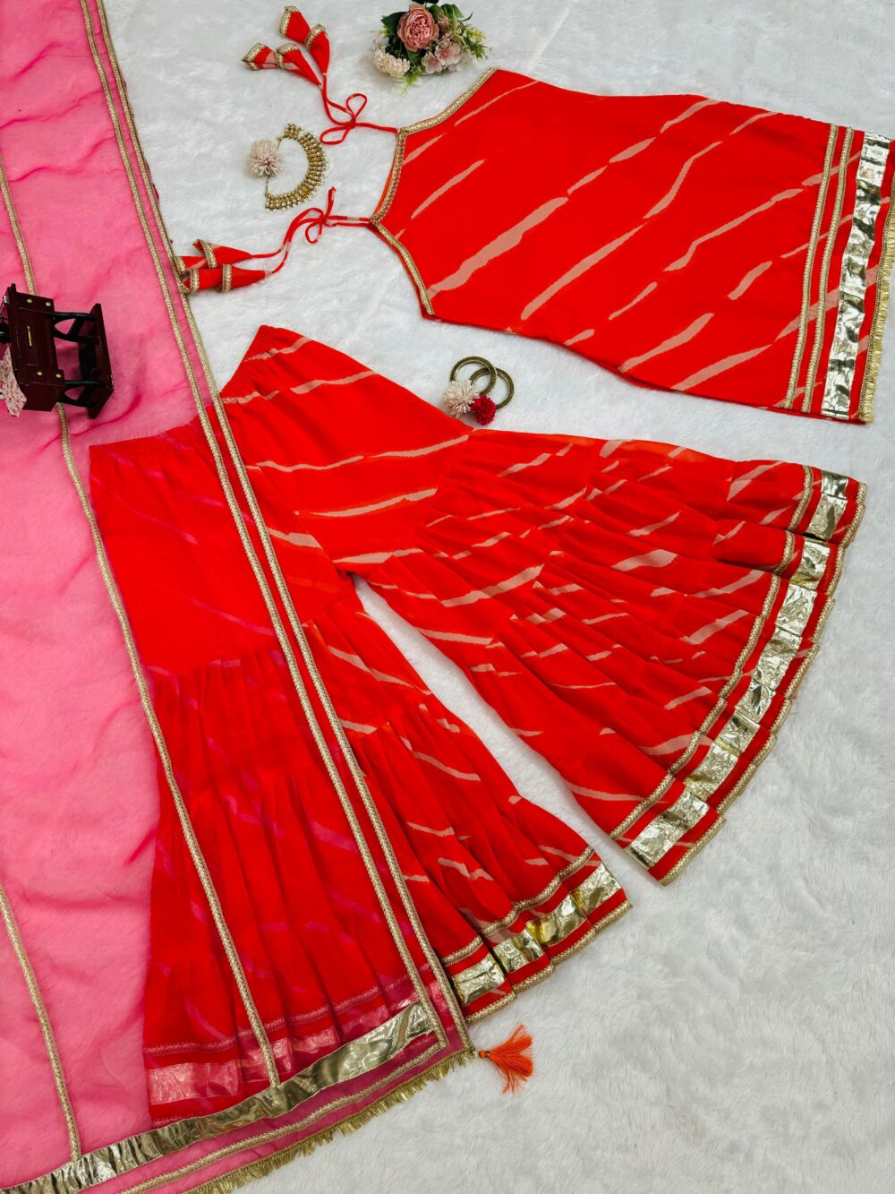 Stylish Faux Georgette Digital Print Orange Color Sharara Set with Organza Dupatta by Ardhaangini