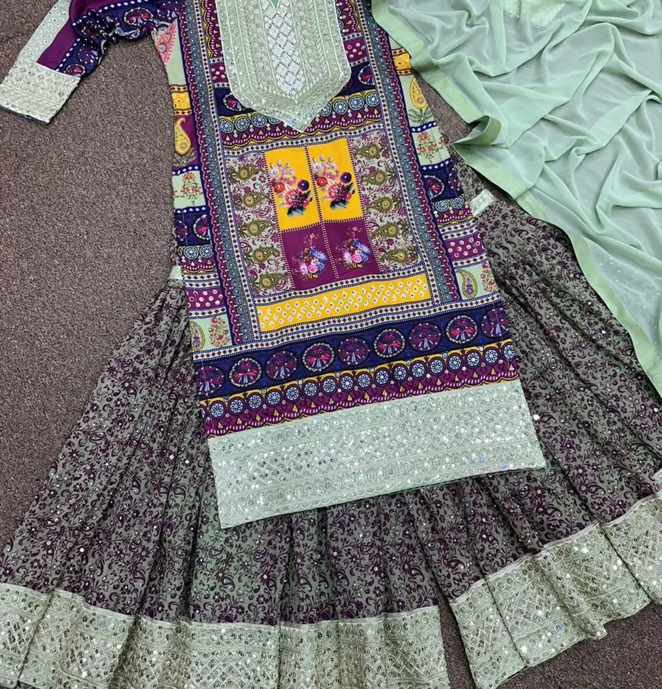 Fancy Pista Green Color Digital Print and Heavy Embroidery Sharara Set with Dupatta By Ardhaangini