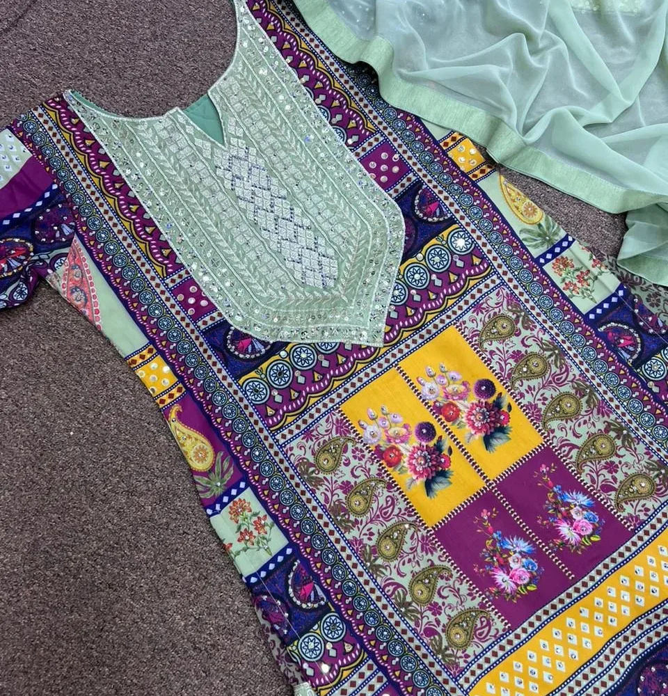 Fancy Pista Green Color Digital Print and Heavy Embroidery Sharara Set with Dupatta By Ardhaangini