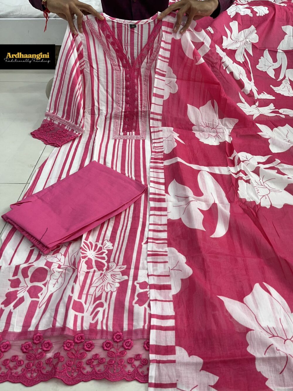 Heavy Faux Georgette Pink Color Three Piece Salwar Suit Set with Bottom and Dupatta By Ardhaangini