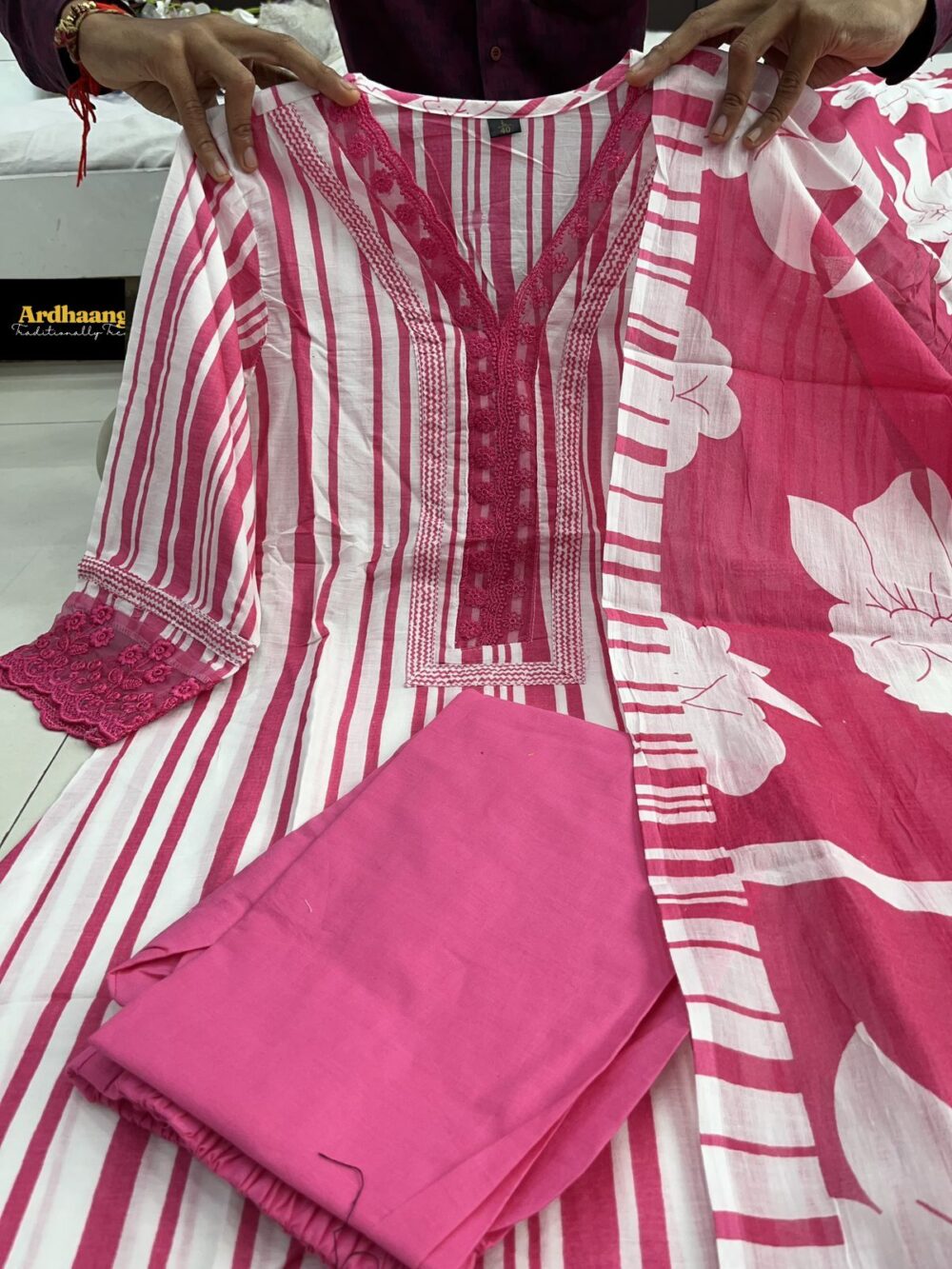 Heavy Faux Georgette Pink Color Three Piece Salwar Suit Set with Bottom and Dupatta By Ardhaangini