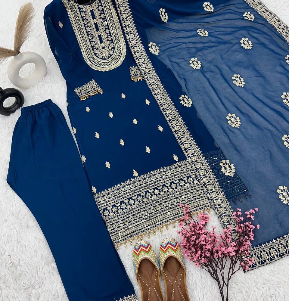 Faux Georgette with Heavy Embroidery Coding Dori-Sequence Work Navy Blue Color Top Plazzo and Dupatta Set