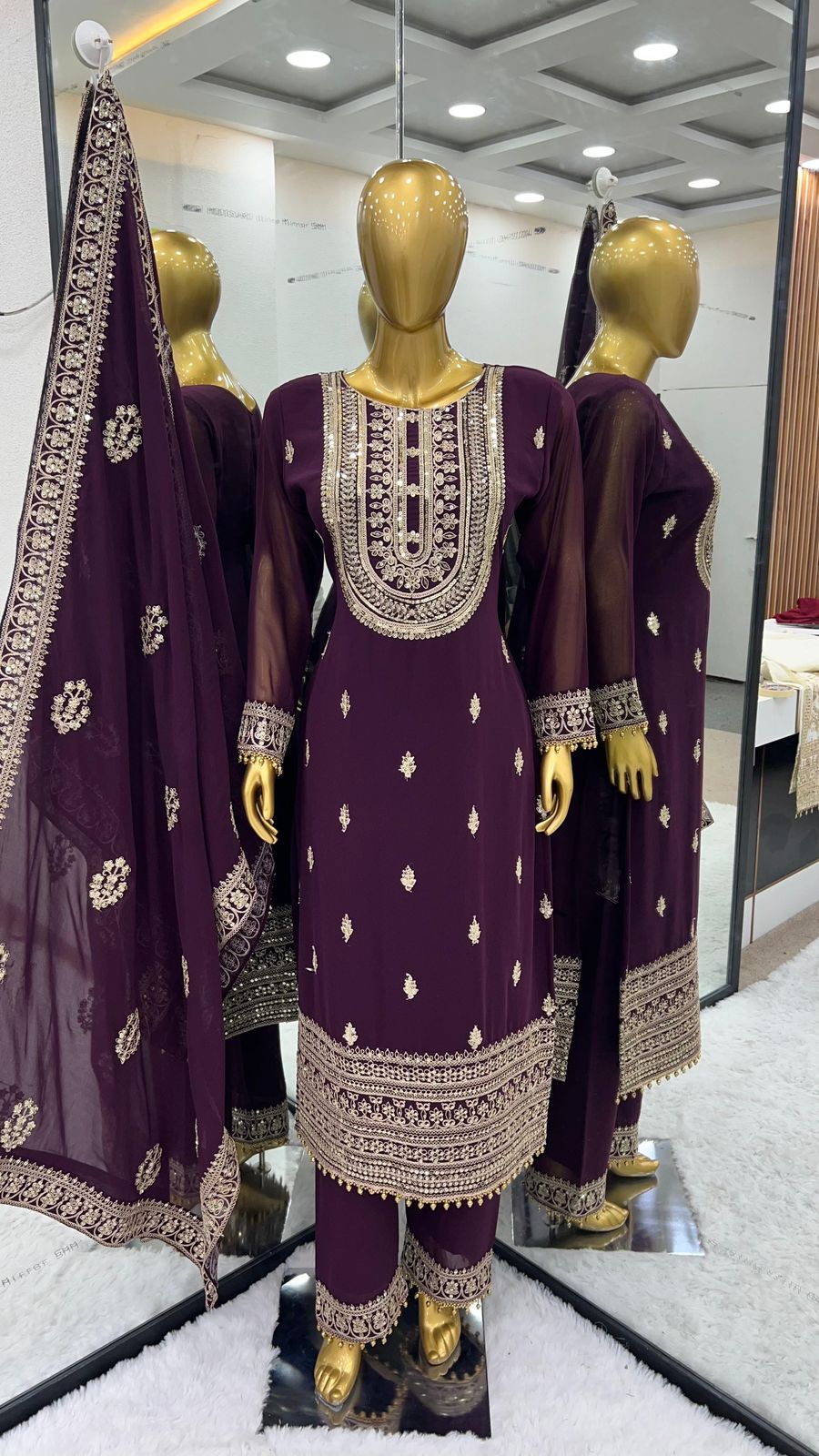 Faux Georgette with Heavy Embroidery Coding Dori-Sequence Work Purple Color Top Plazzo and Dupatta Set
