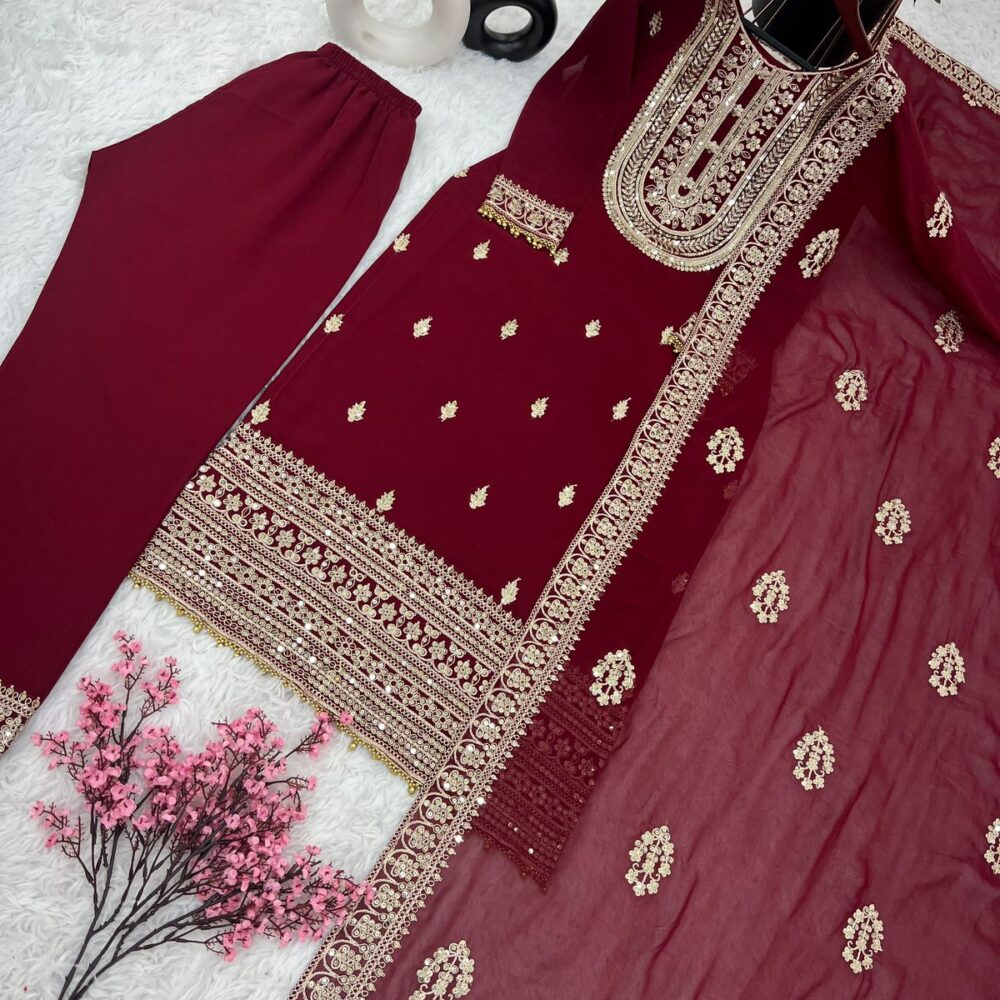 Faux Georgette with Heavy Embroidery Coding Dori-Sequence Work Maroon Color Top Plazzo and Dupatta Set