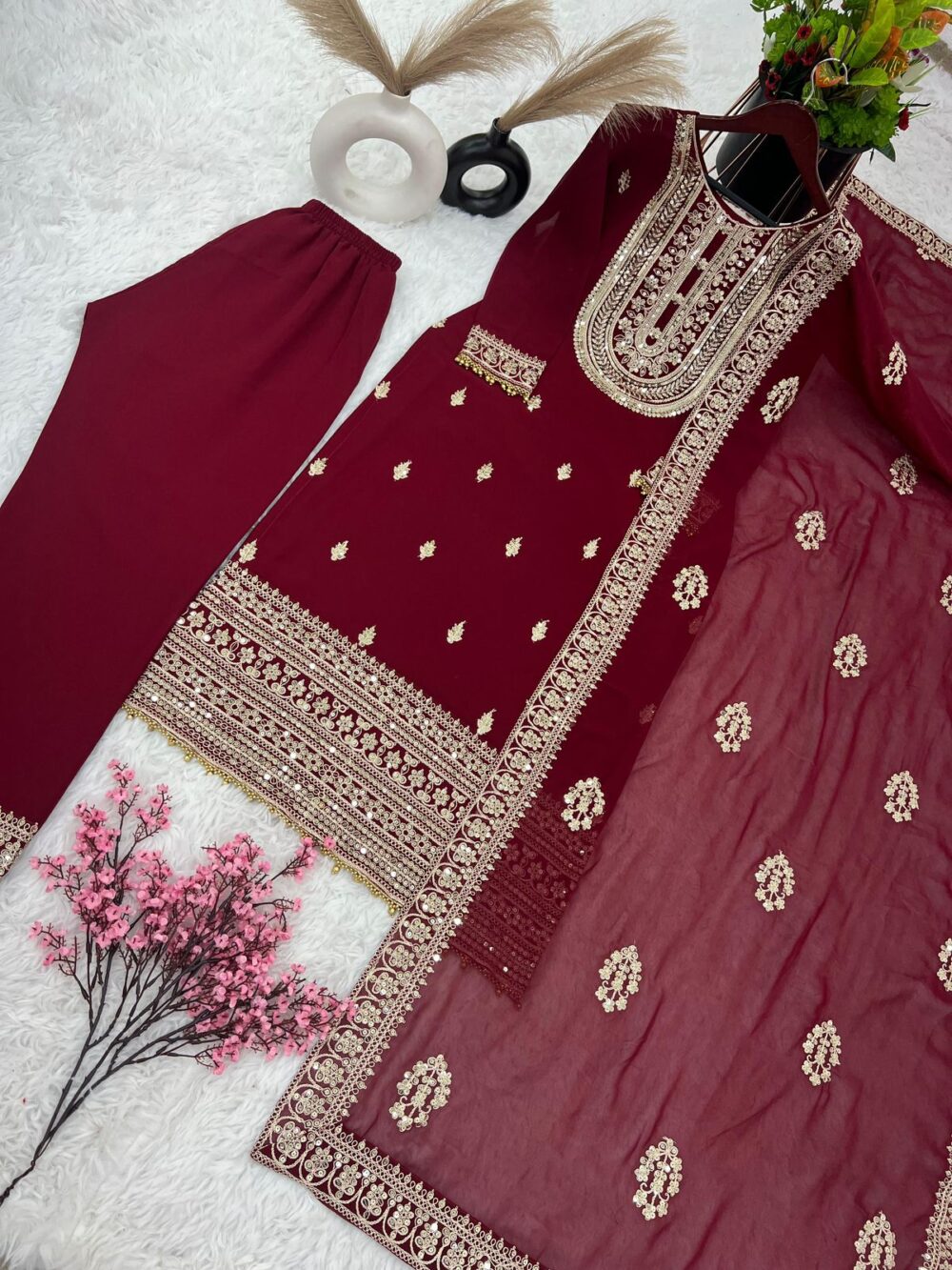 Faux Georgette with Heavy Embroidery Coding Dori-Sequence Work Maroon Color Top Plazzo and Dupatta Set