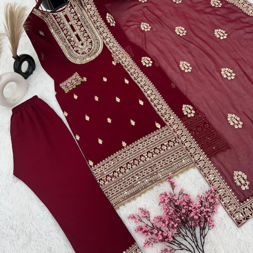 Faux Georgette with Heavy Embroidery Coding Dori-Sequence Work Maroon Color Top Plazzo and Dupatta Set