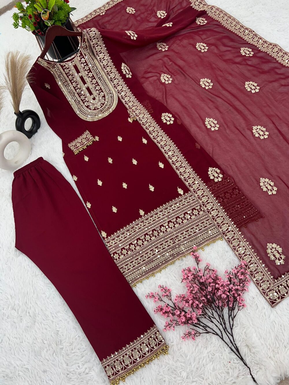 Faux Georgette with Heavy Embroidery Coding Dori-Sequence Work Maroon Color Top Plazzo and Dupatta Set