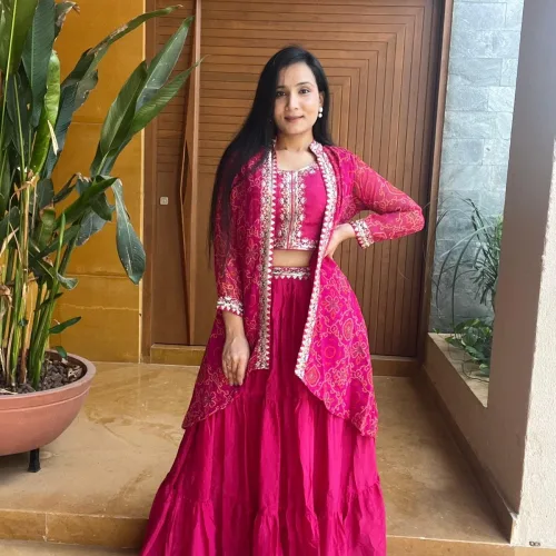 Pink Color Bandhej Lehenga Choli with Shrug